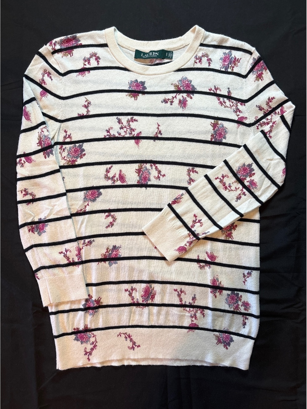 Lauren Ralph Lauren Floral Striped Sweater Women’s Small Cream Pink Preppy